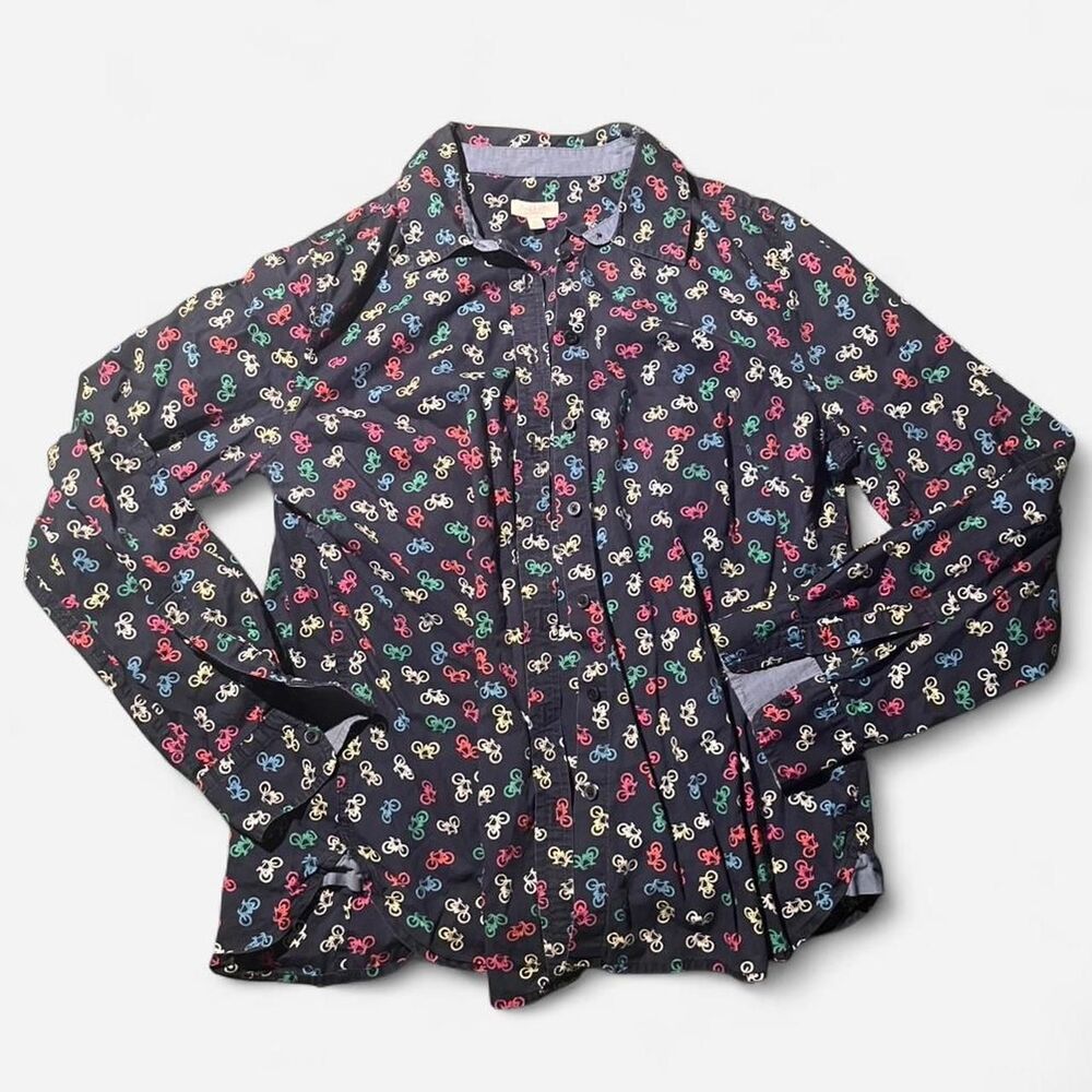 Talbots navy blue button up blouse with colorful bicycle print. Size M petite
